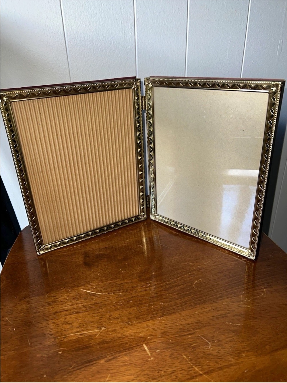 Vintage Gold Tone Metal Hinged Folding Double Picture Frame Holds 2 10x8